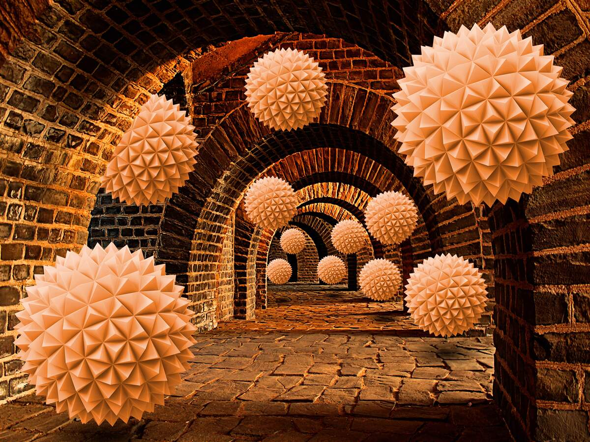 Papier peint boules de bronze acérées et arcs de pierre