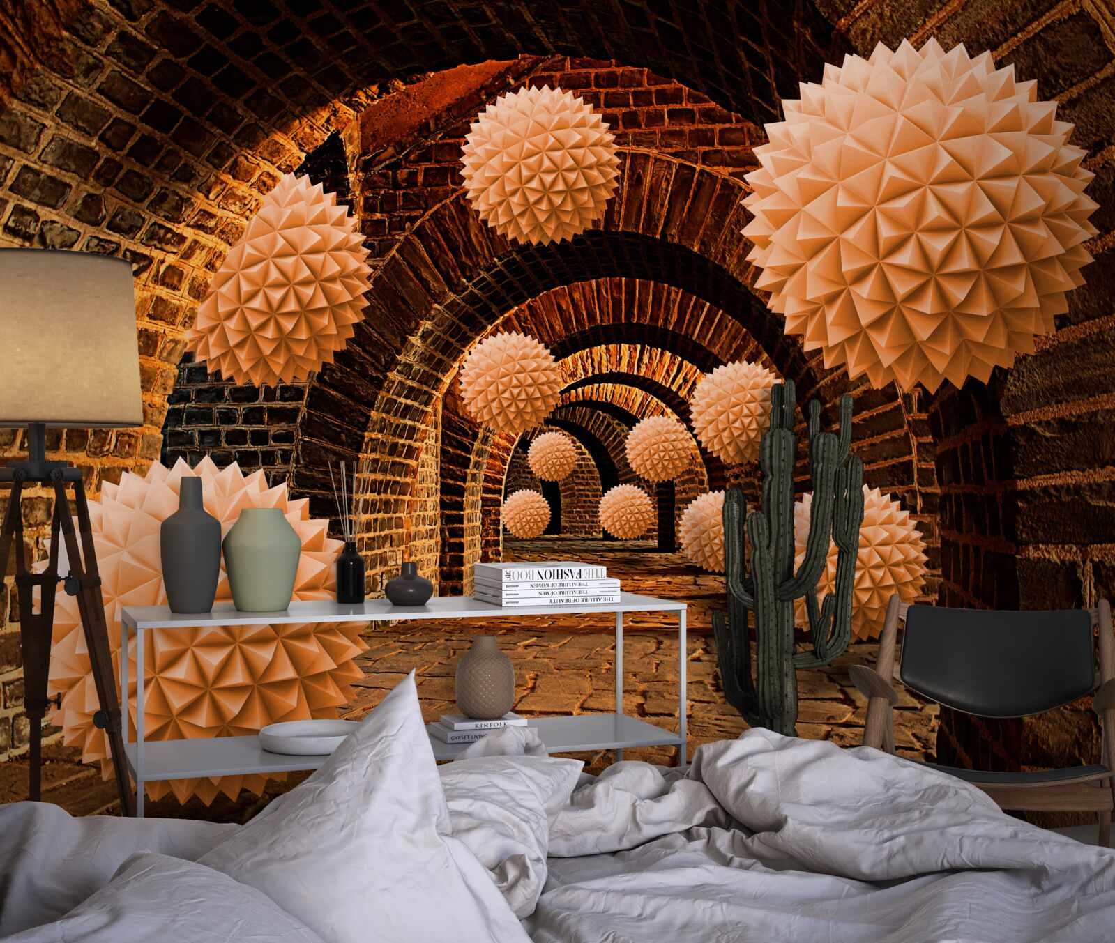 Papier peint boules de bronze acérées et arcs de pierre