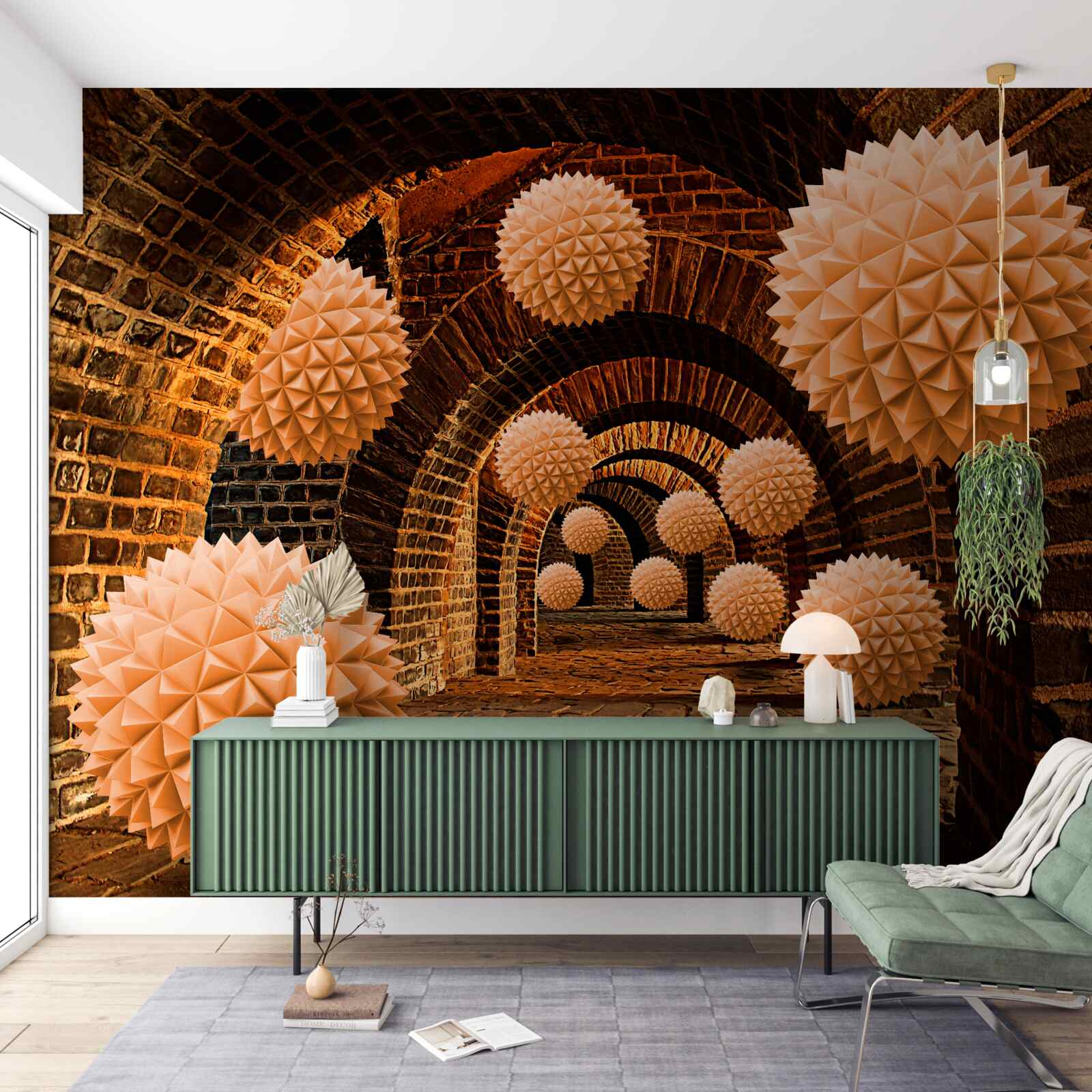 Papier peint boules de bronze acérées et arcs de pierre