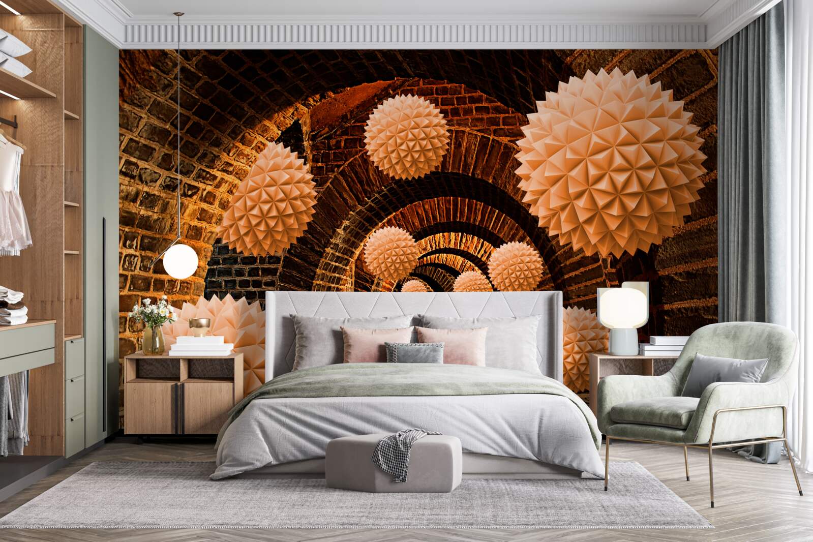 Papier peint boules de bronze acérées et arcs de pierre