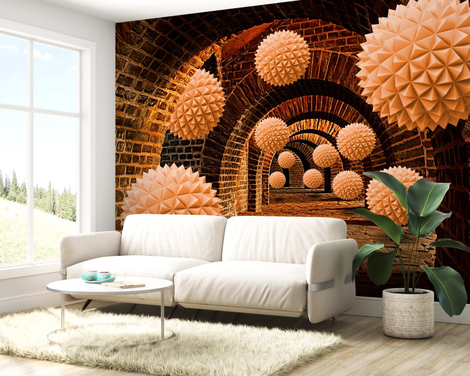 Papier peint boules de bronze acérées et arcs de pierre