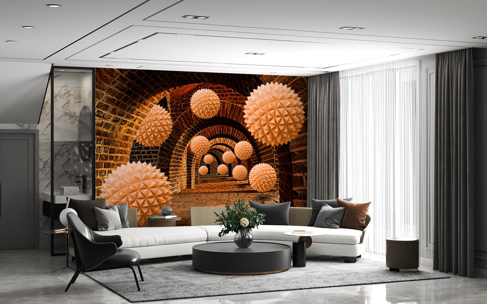 Papier peint boules de bronze acérées et arcs de pierre