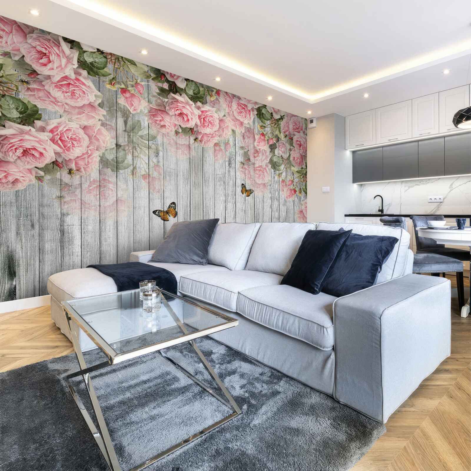 Papier peint roses roses luxuriantes suspendues