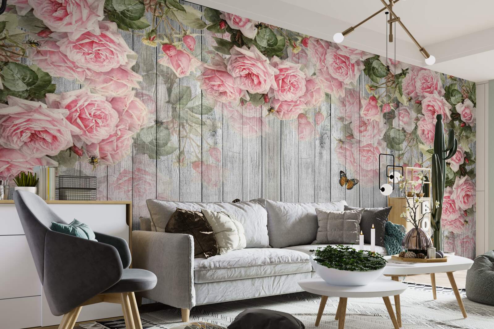 Papier peint roses roses luxuriantes suspendues