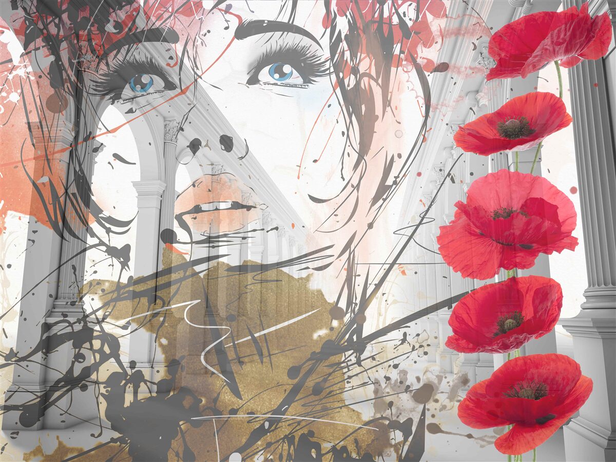 Papier peint Une jeune fille pose contre une arche décorée de fleurs de coquelicots