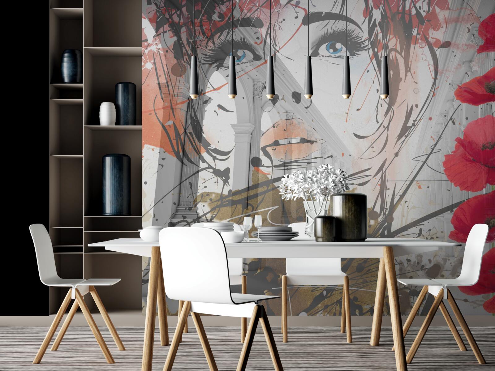 Papier peint Une jeune fille pose contre une arche décorée de fleurs de coquelicots