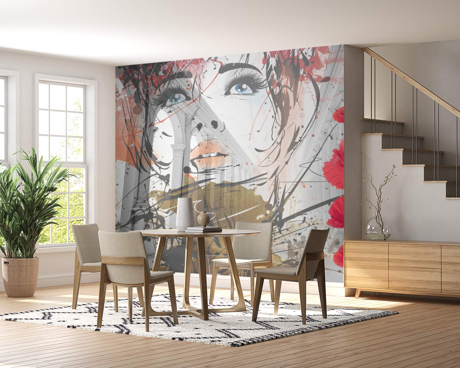 Papier peint Une jeune fille pose contre une arche décorée de fleurs de coquelicots