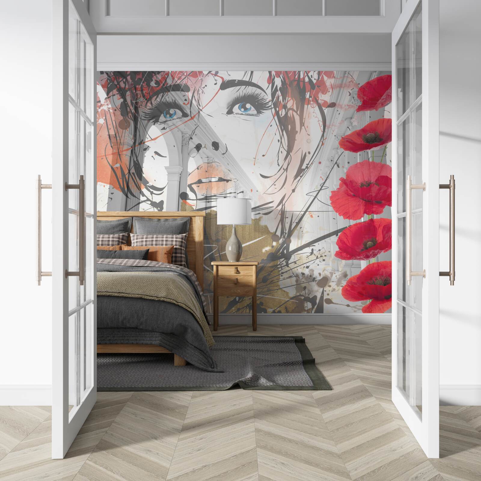 Papier peint Une jeune fille pose contre une arche décorée de fleurs de coquelicots