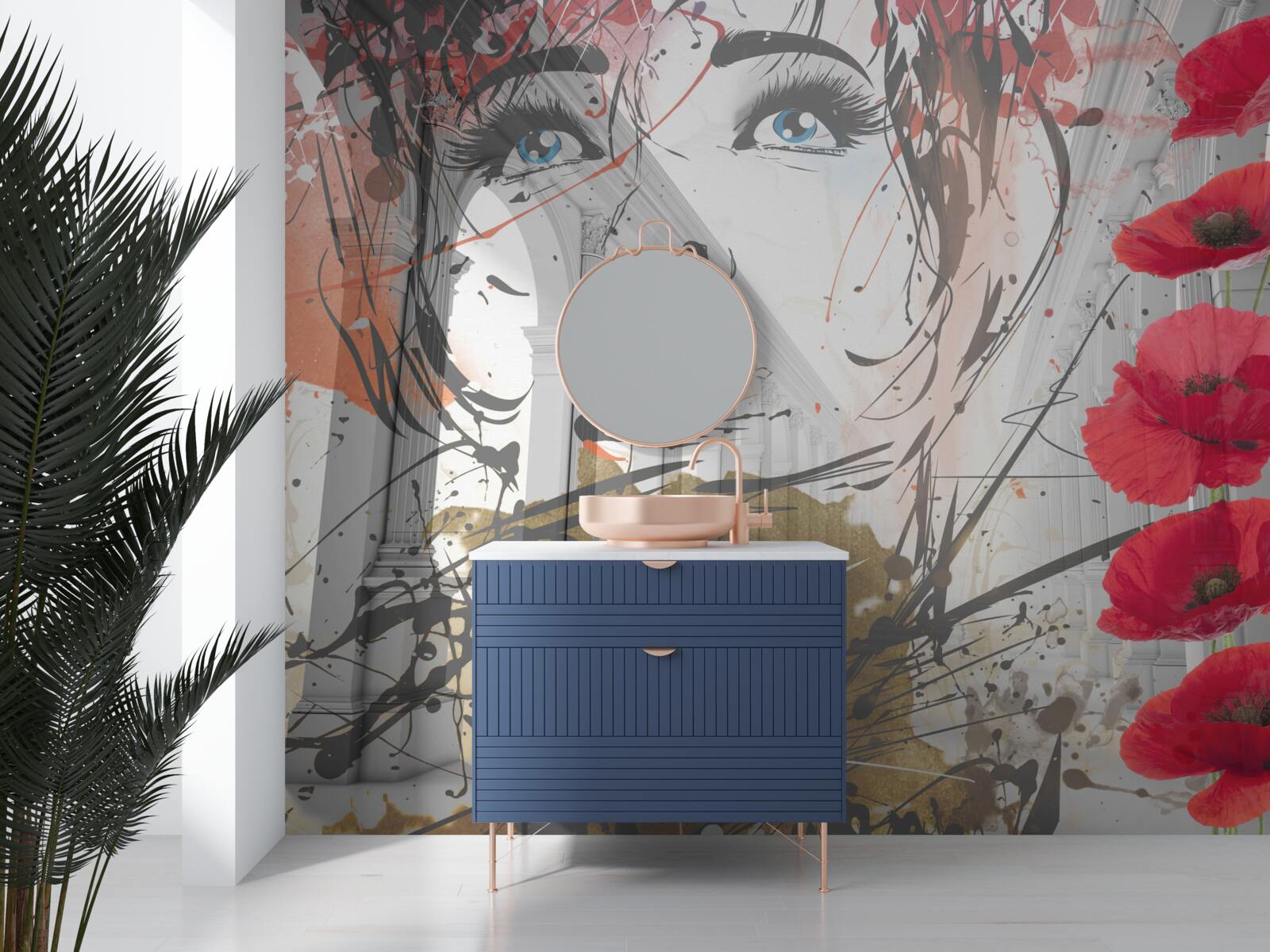 Papier peint Une jeune fille pose contre une arche décorée de fleurs de coquelicots