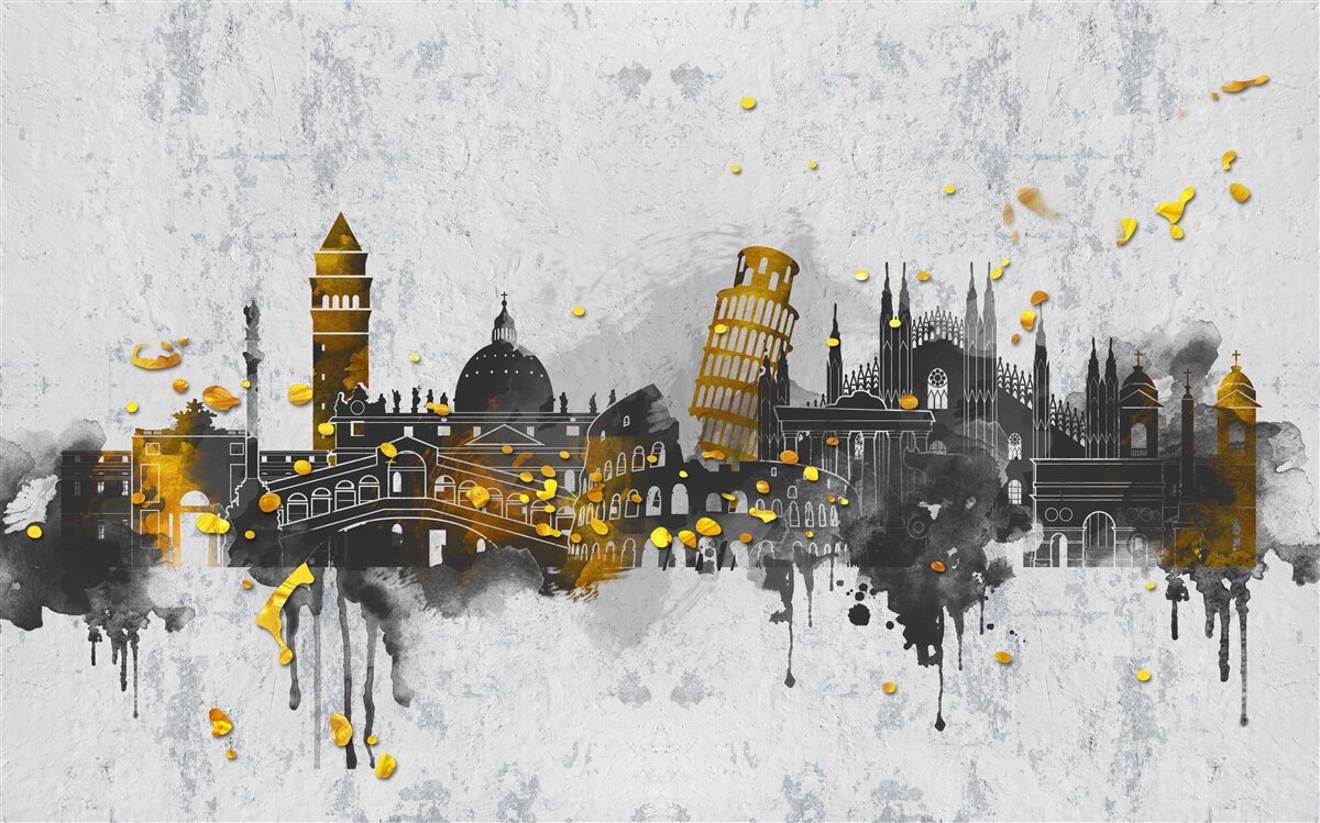 Papier peint silhouettes de monuments romains, entourés d'obscurité