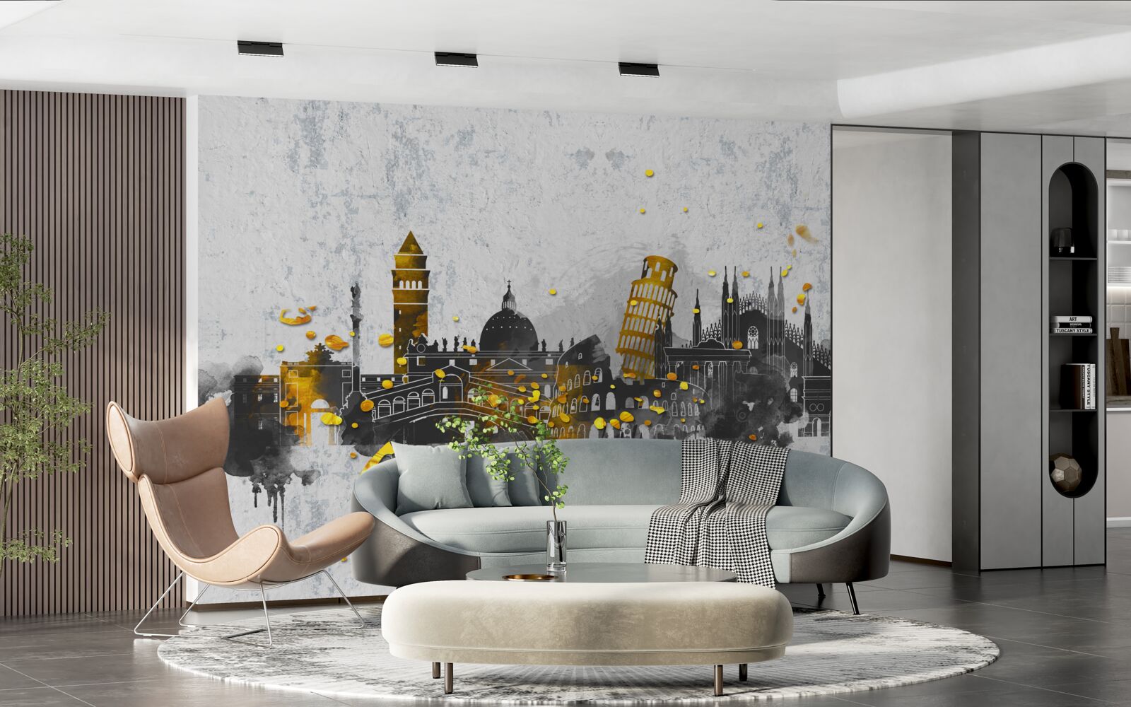 Papier peint silhouettes de monuments romains, entourés d'obscurité