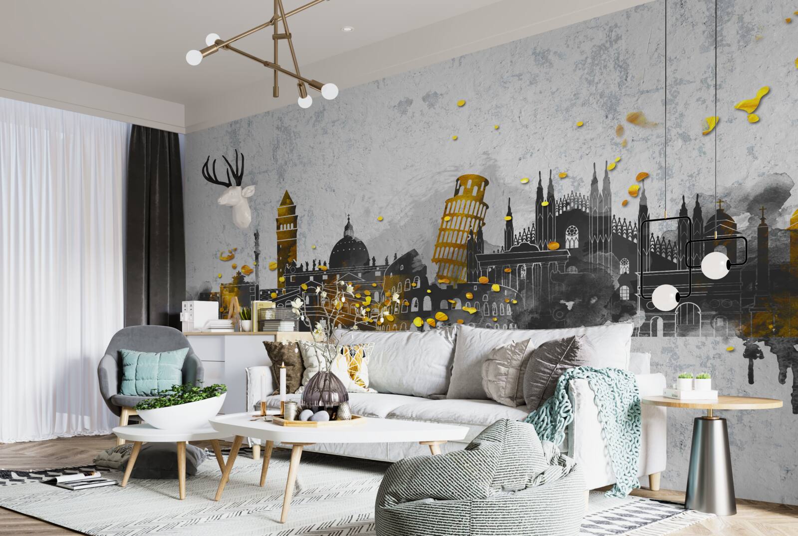 Papier peint silhouettes de monuments romains, entourés d'obscurité