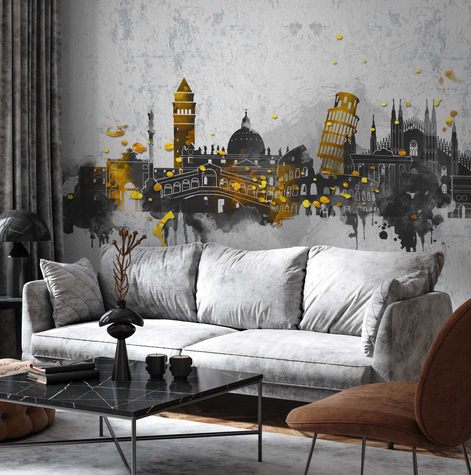 Papier peint silhouettes de monuments romains, entourés d'obscurité