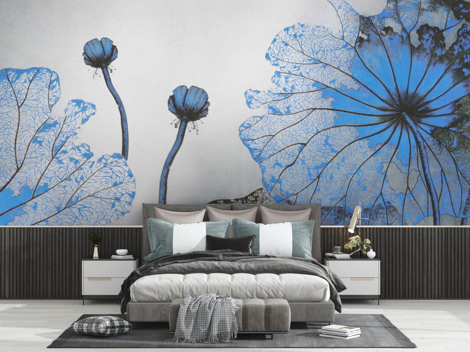 Papier peint coquelicots brumeux avec bourgeons bleus