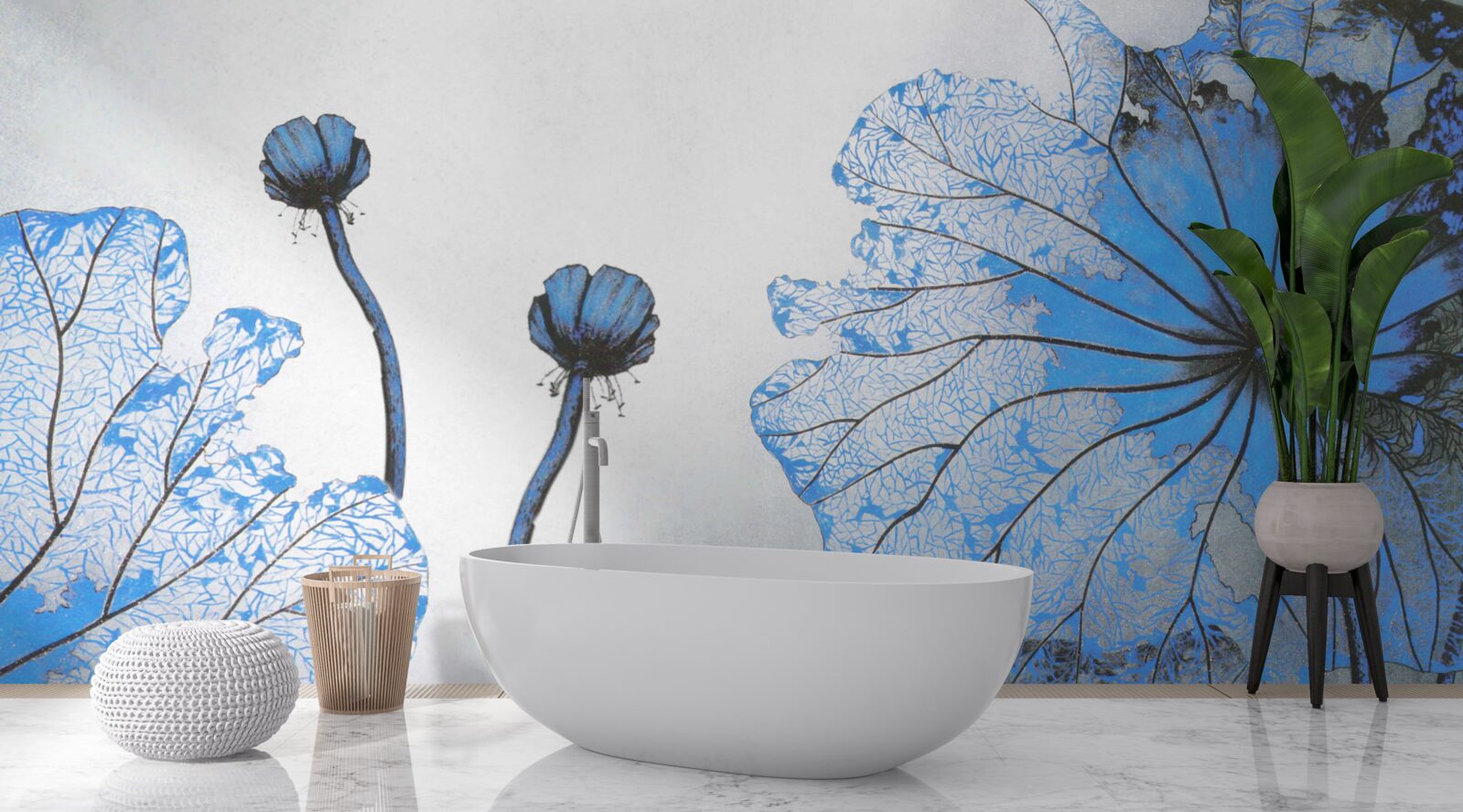 Papier peint coquelicots brumeux avec bourgeons bleus