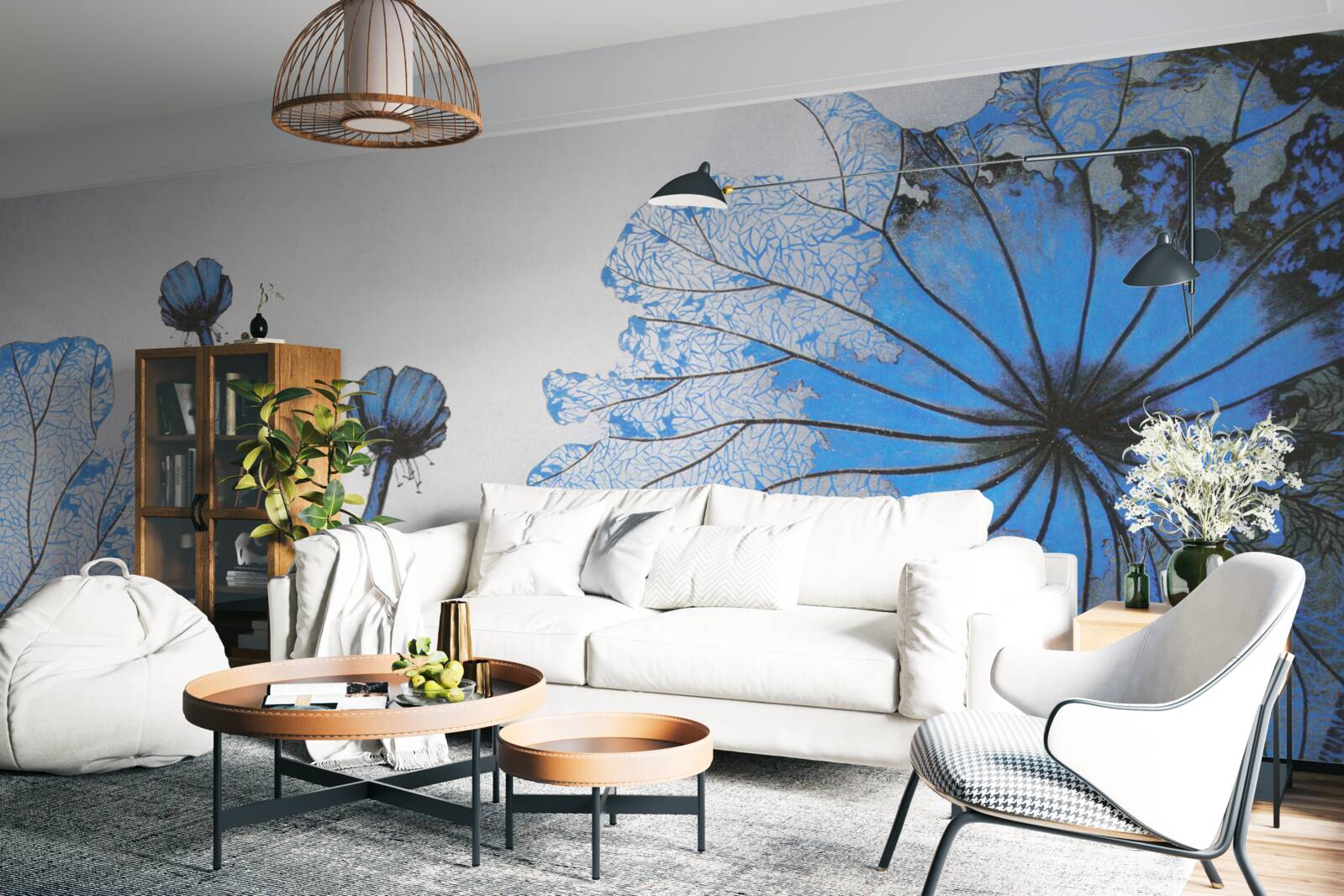 Papier peint coquelicots brumeux avec bourgeons bleus