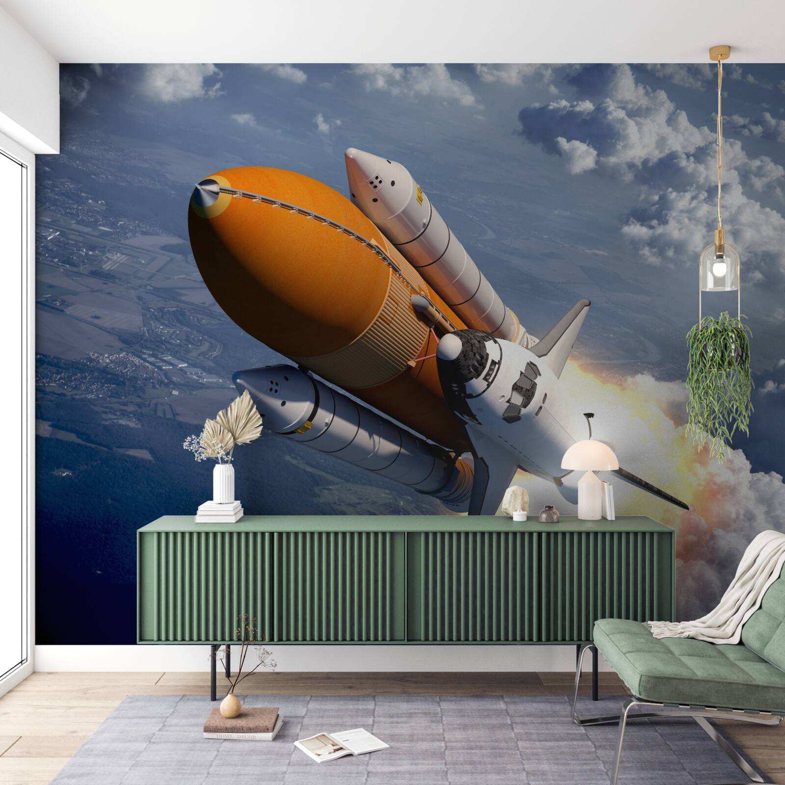 Papier peint une fusée vole parmi les nuages