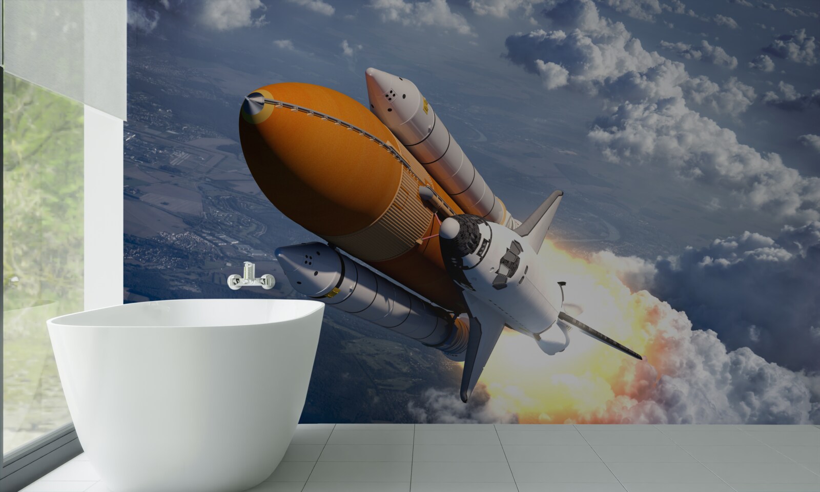 Papier peint une fusée vole parmi les nuages