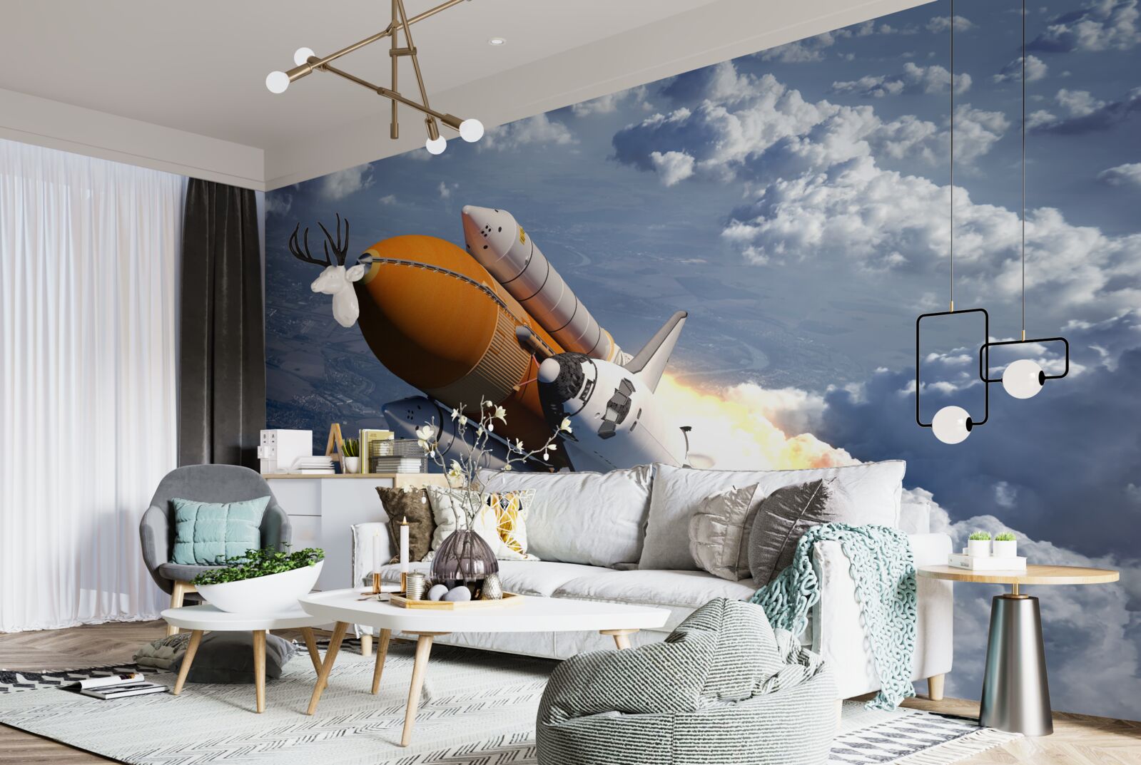 Papier peint une fusée vole parmi les nuages