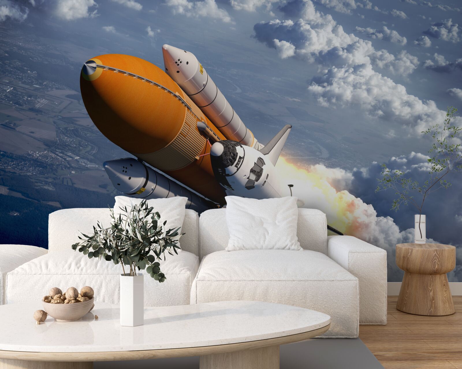 Papier peint une fusée vole parmi les nuages