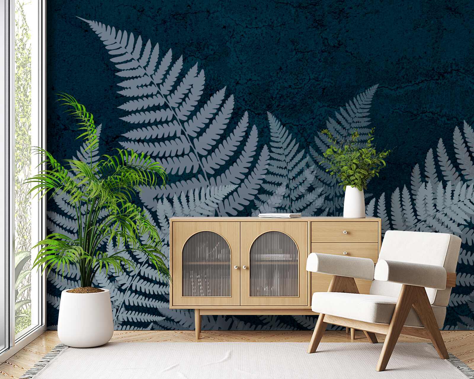 Papier peint Feuilles de fougère rougeoyantes par une nuit sombre