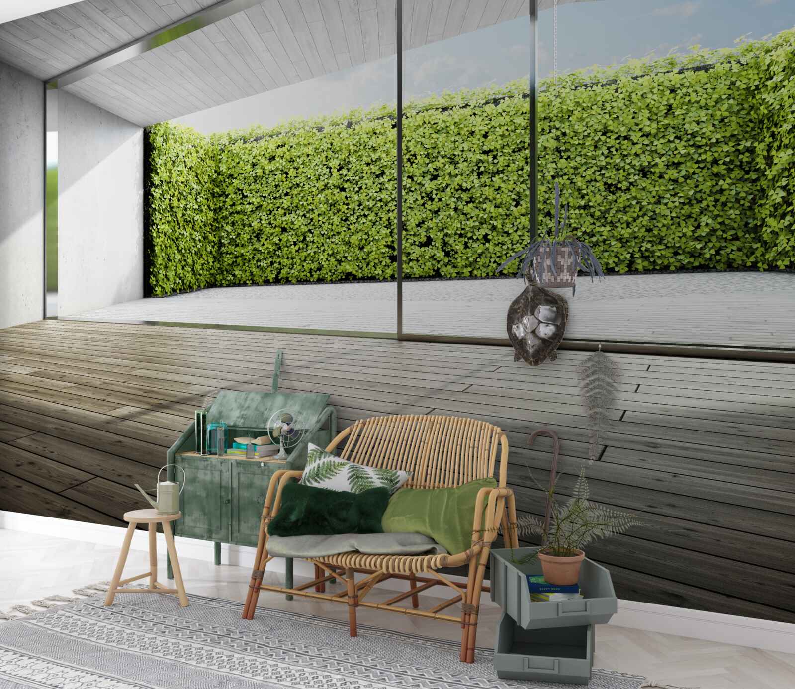 Papier peint balcon avec parois transparentes donnant sur le jardin