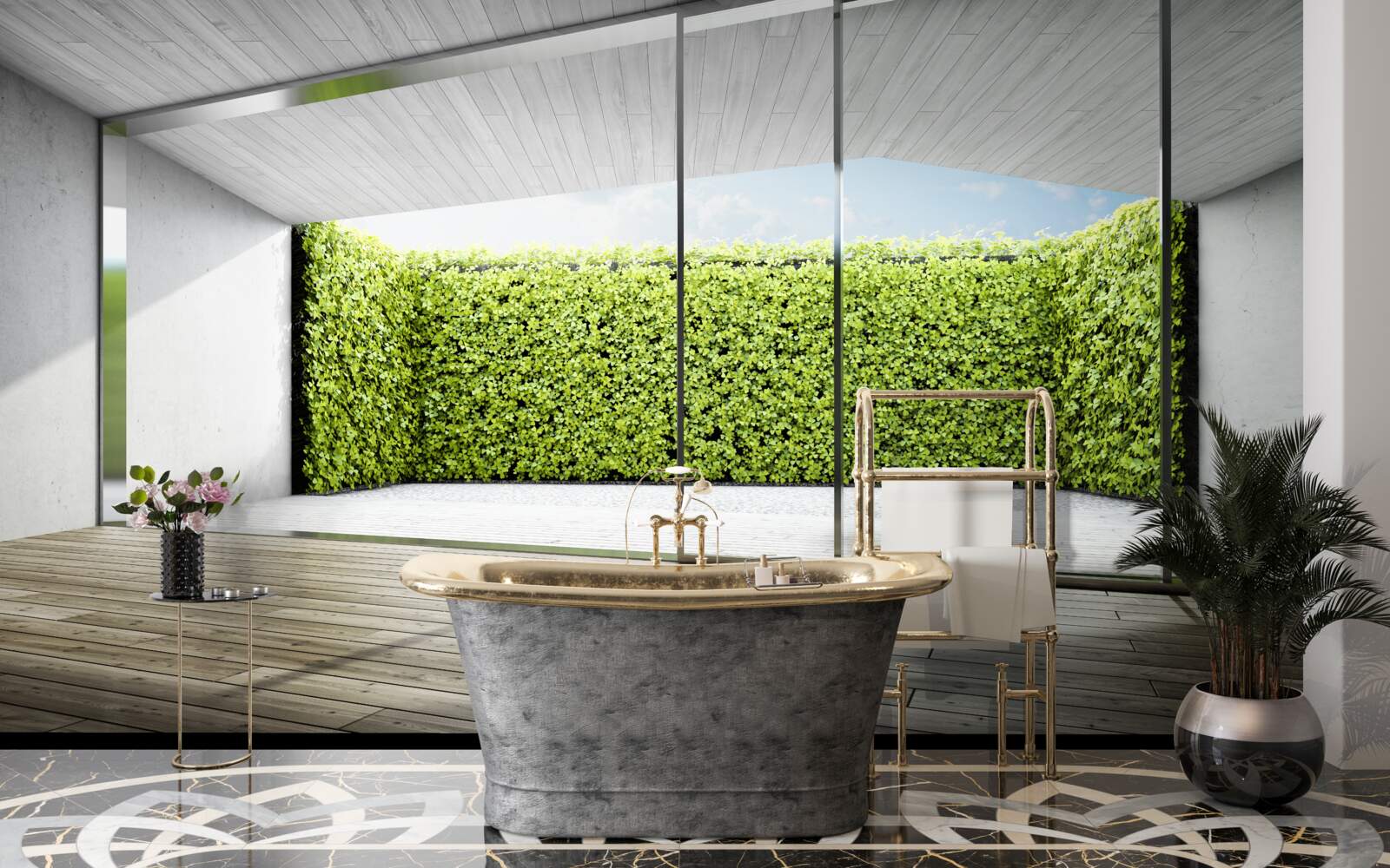 Papier peint balcon avec parois transparentes donnant sur le jardin