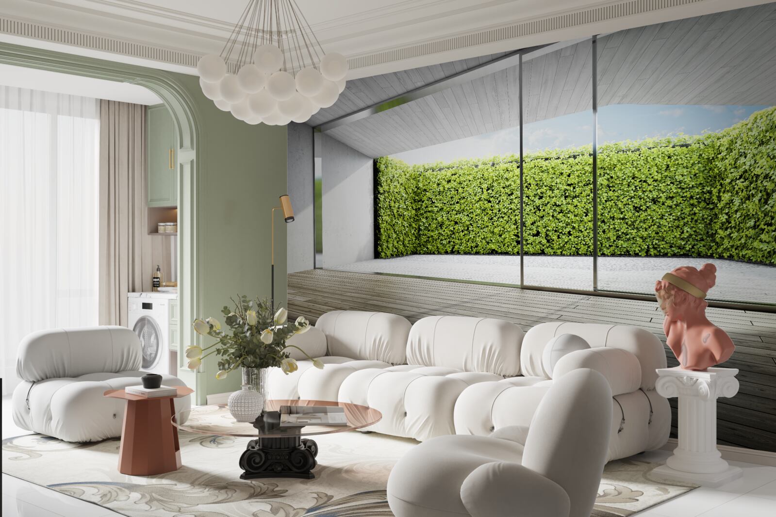 Papier peint balcon avec parois transparentes donnant sur le jardin