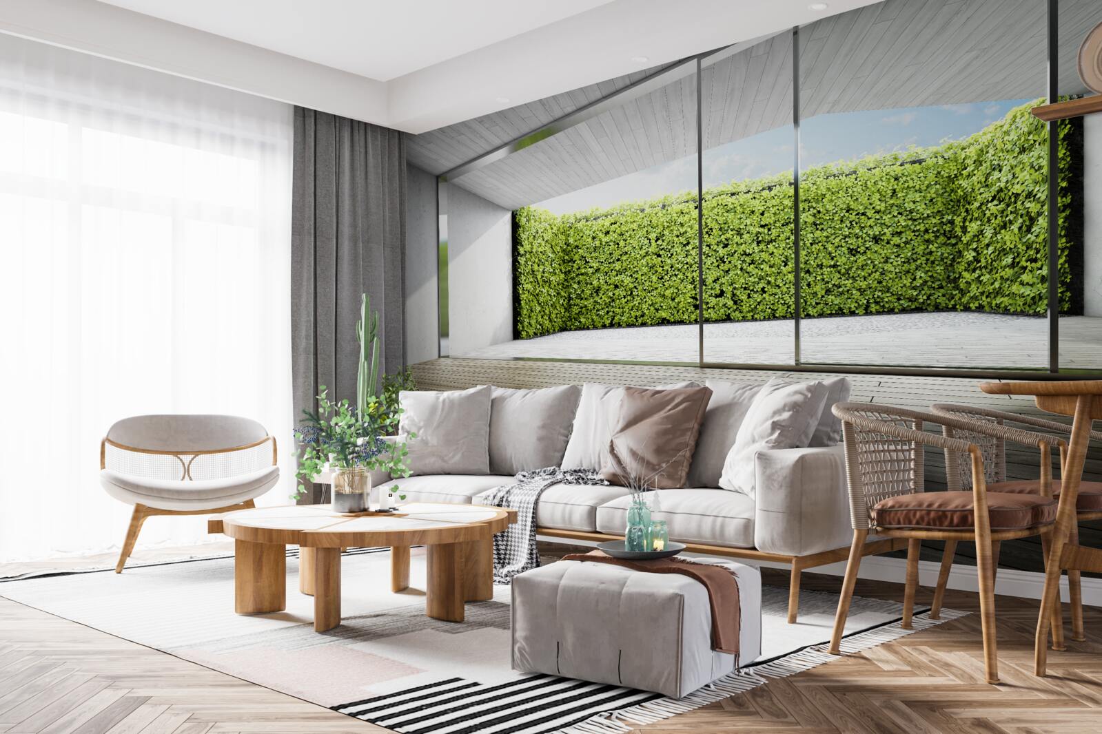 Papier peint balcon avec parois transparentes donnant sur le jardin