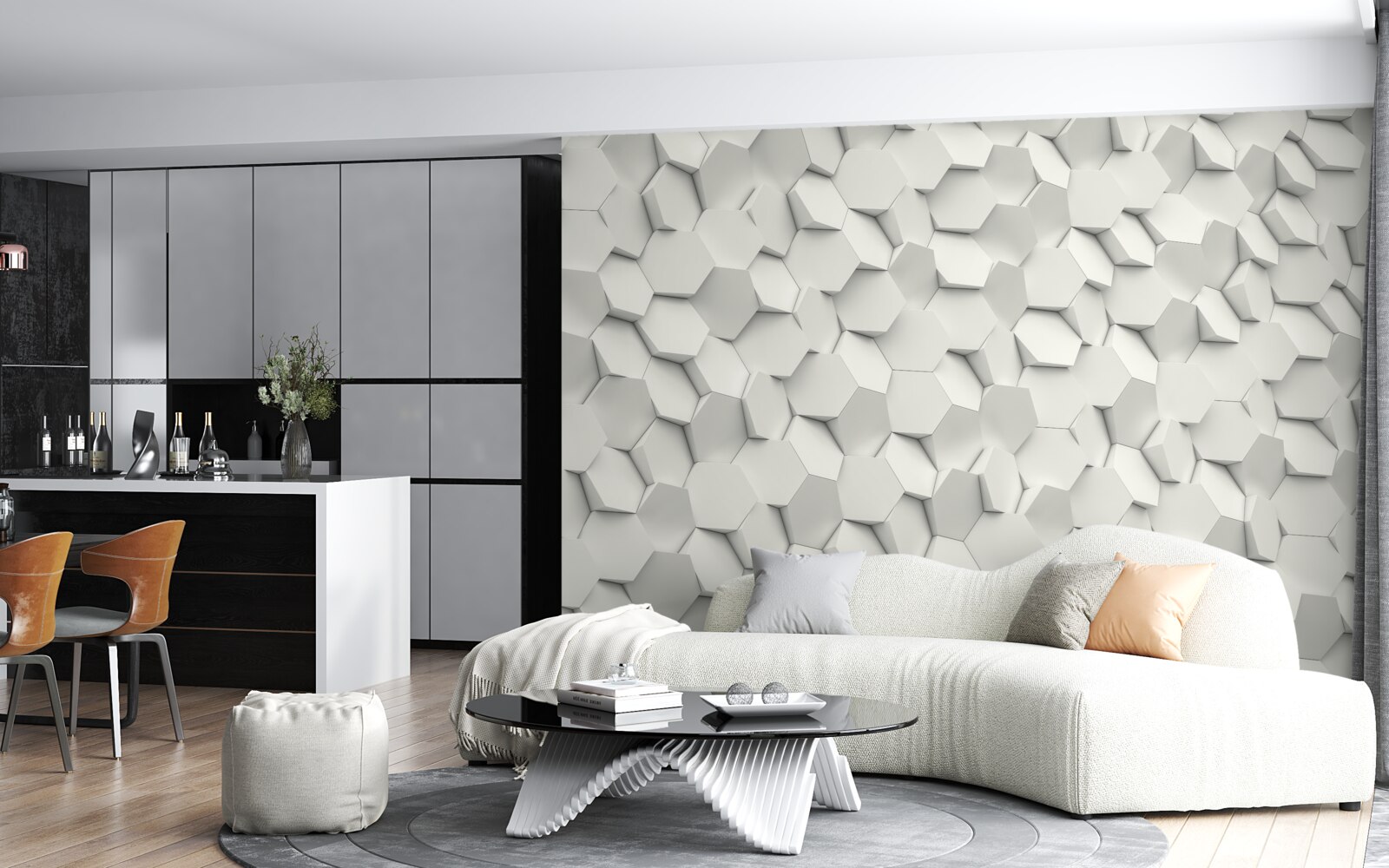 Papier peint hexagones blancs et gris avec volume