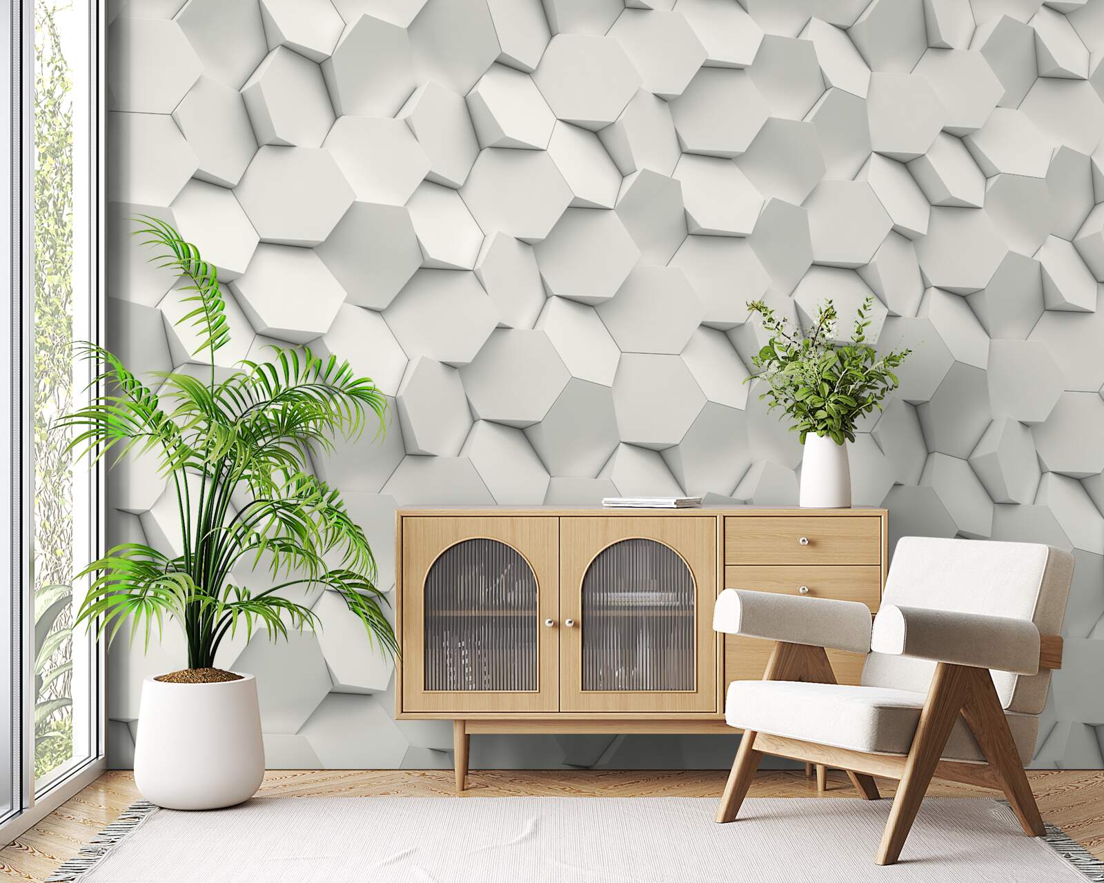 Papier peint hexagones blancs et gris avec volume