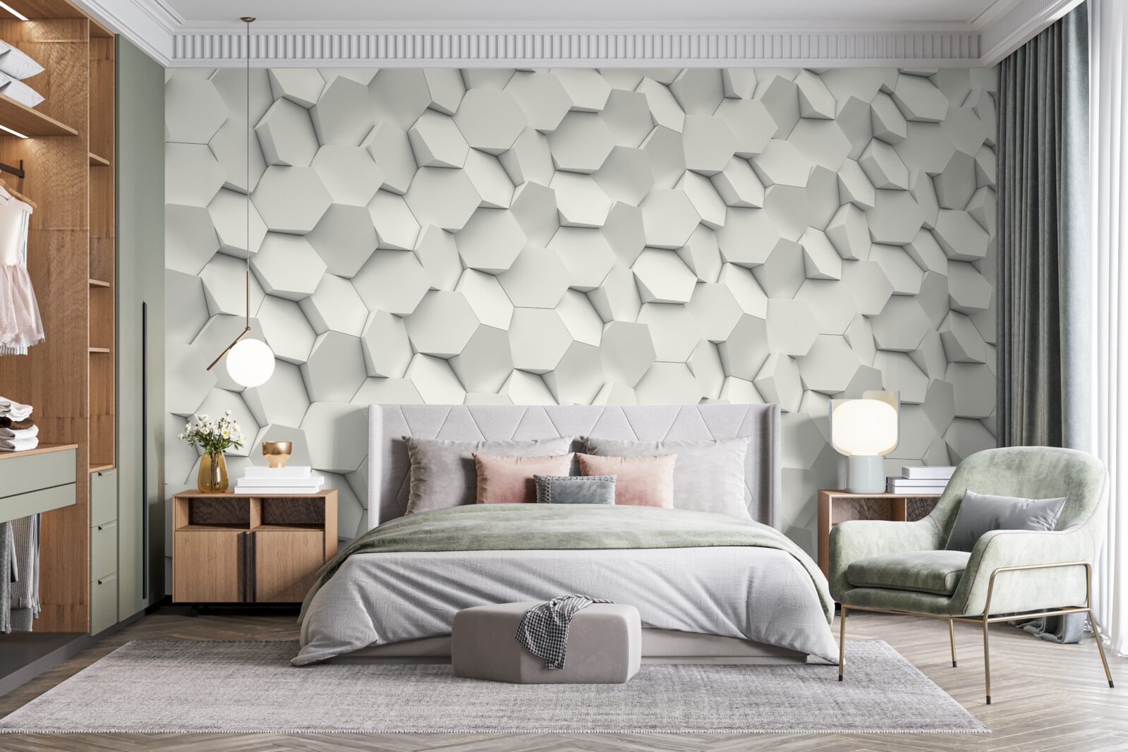 Papier peint hexagones blancs et gris avec volume