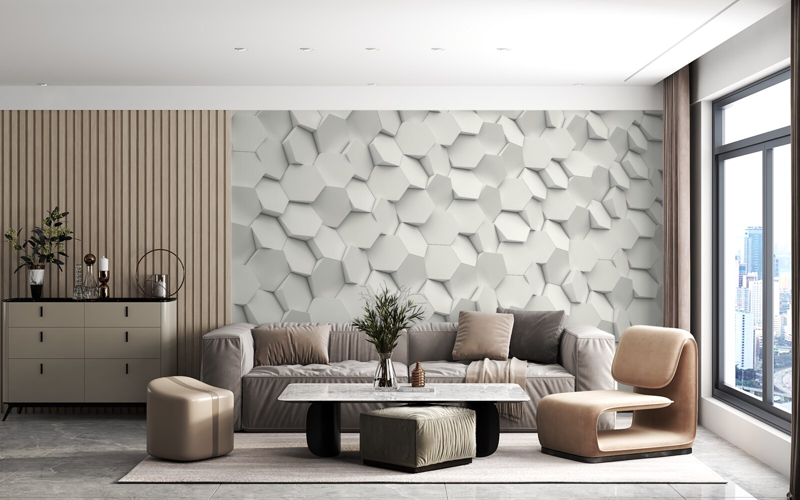 Papier peint hexagones blancs et gris avec volume