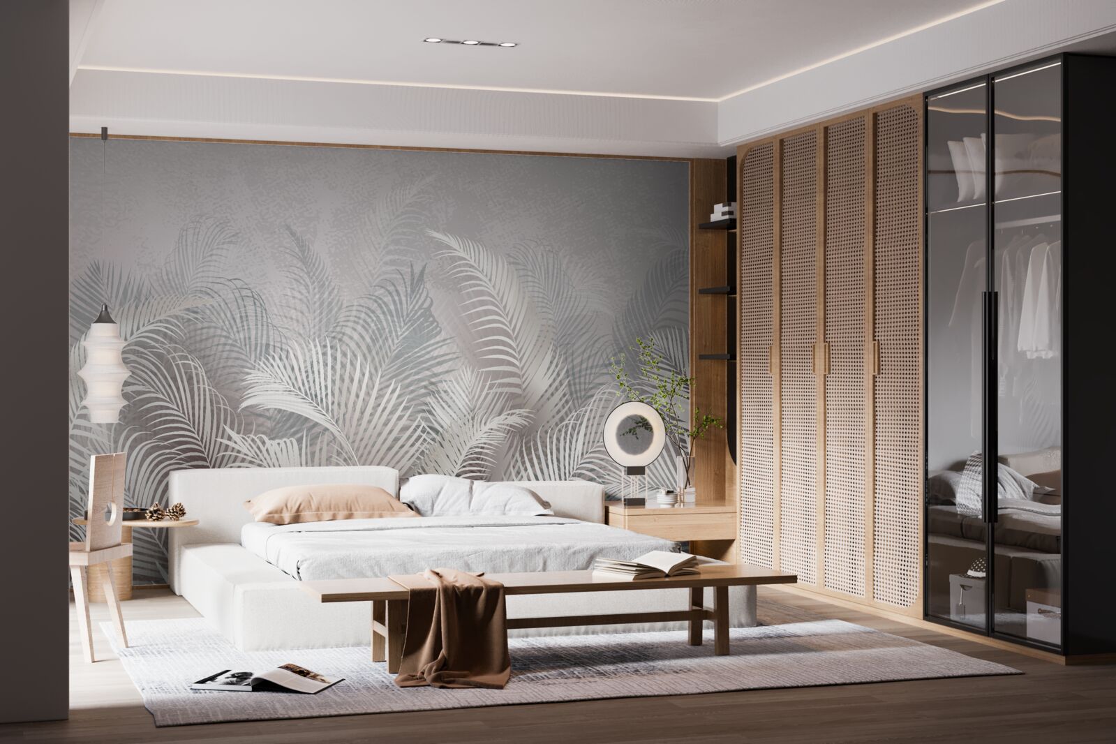 Papier peint la brume enveloppe doucement les feuilles de palmiers majestueux