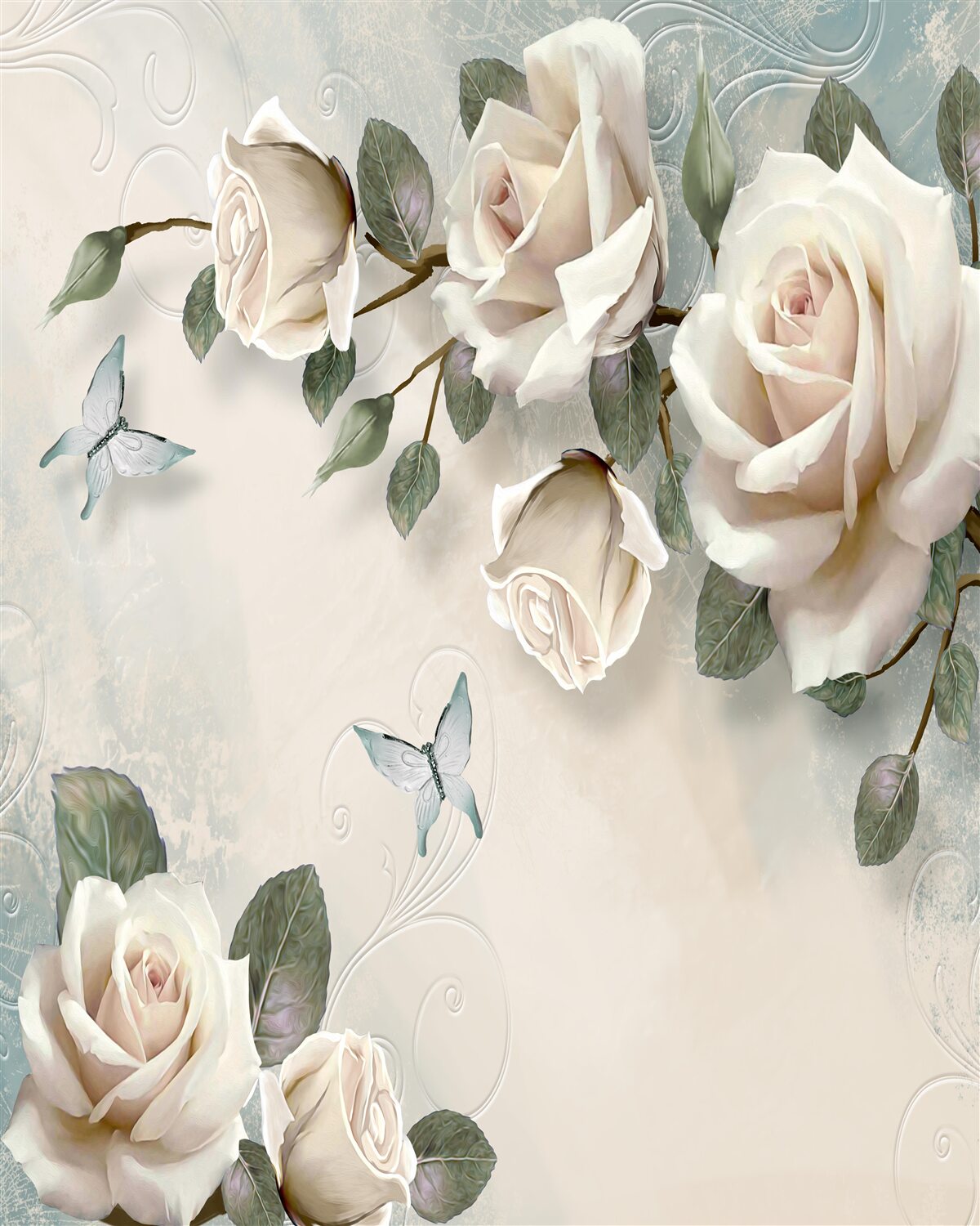 Papier peint branches d'un grand rosier crème