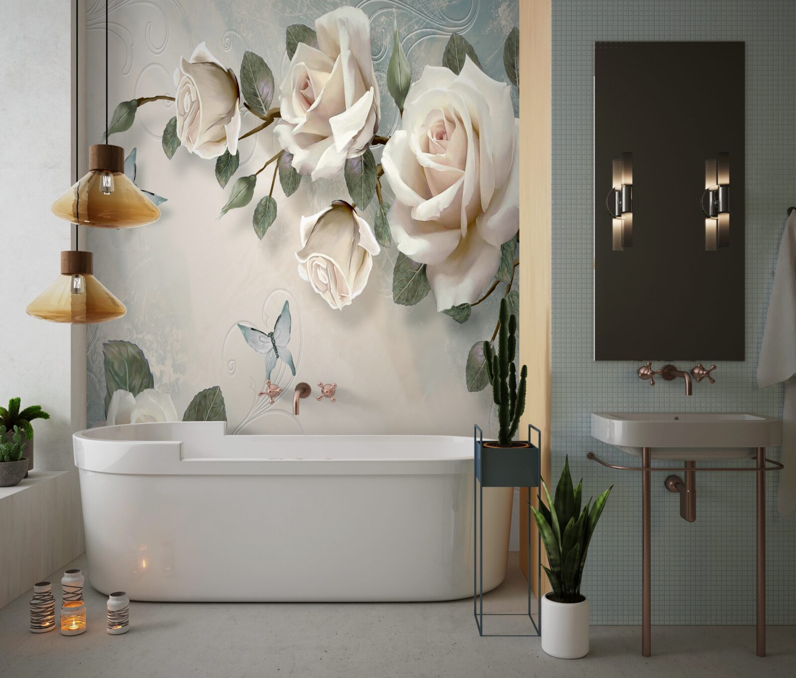 Papier peint branches d'un grand rosier crème