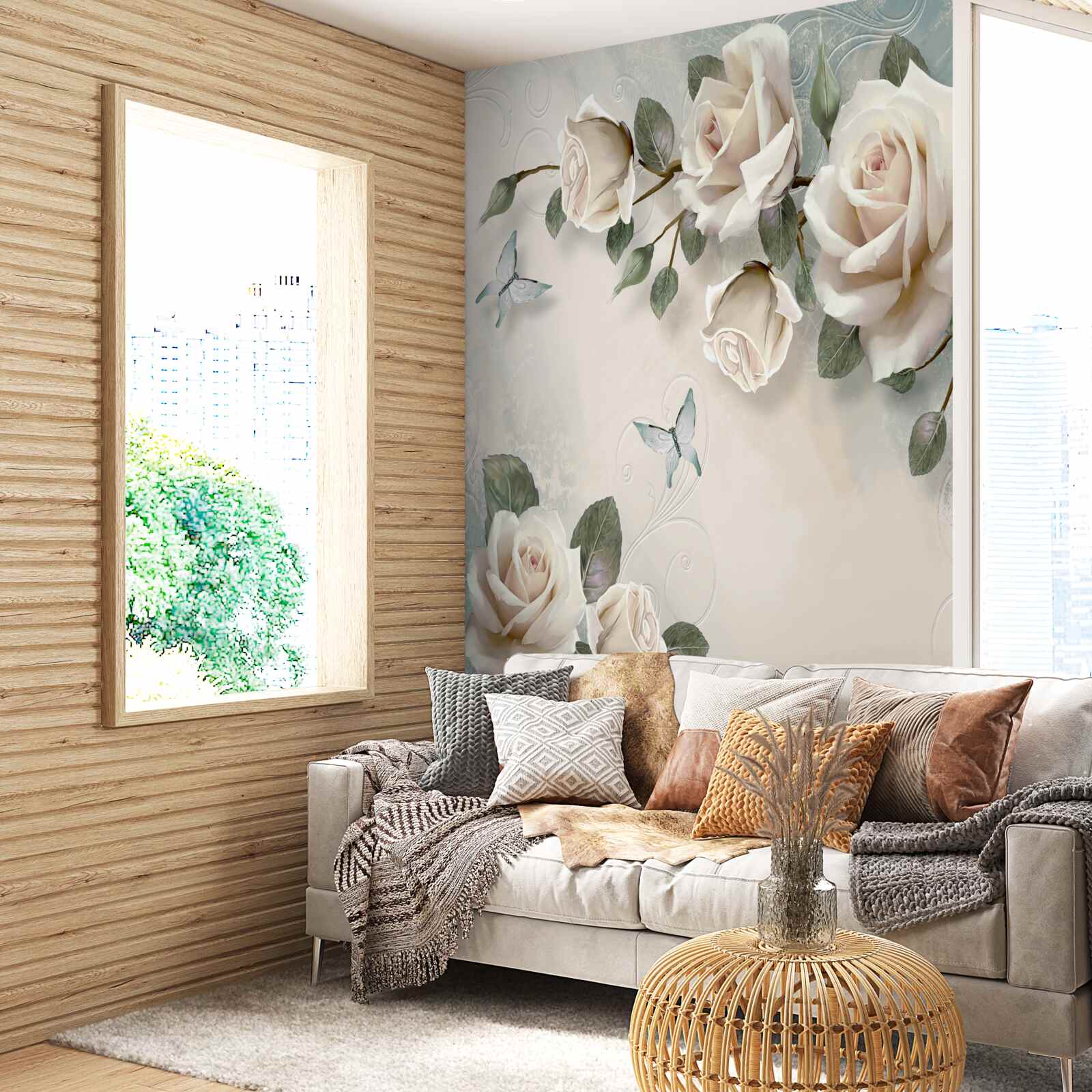 Papier peint branches d'un grand rosier crème