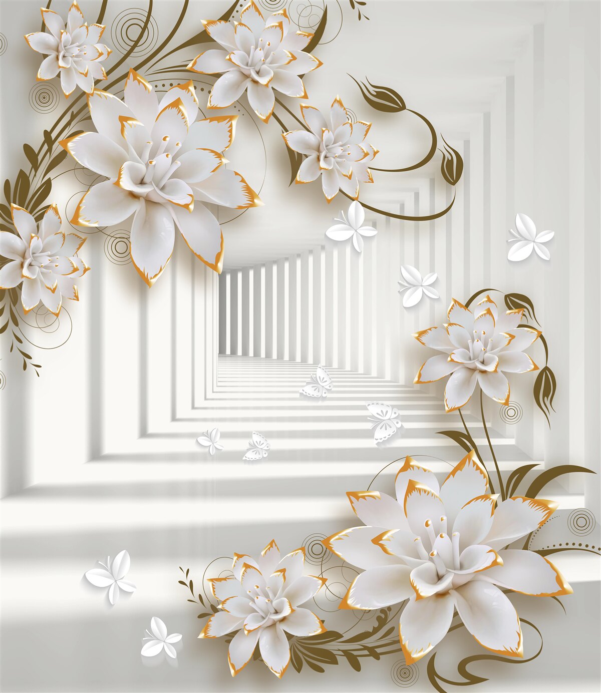 Papier peint un couloir envahi de fleurs de lotus s'étend au loin