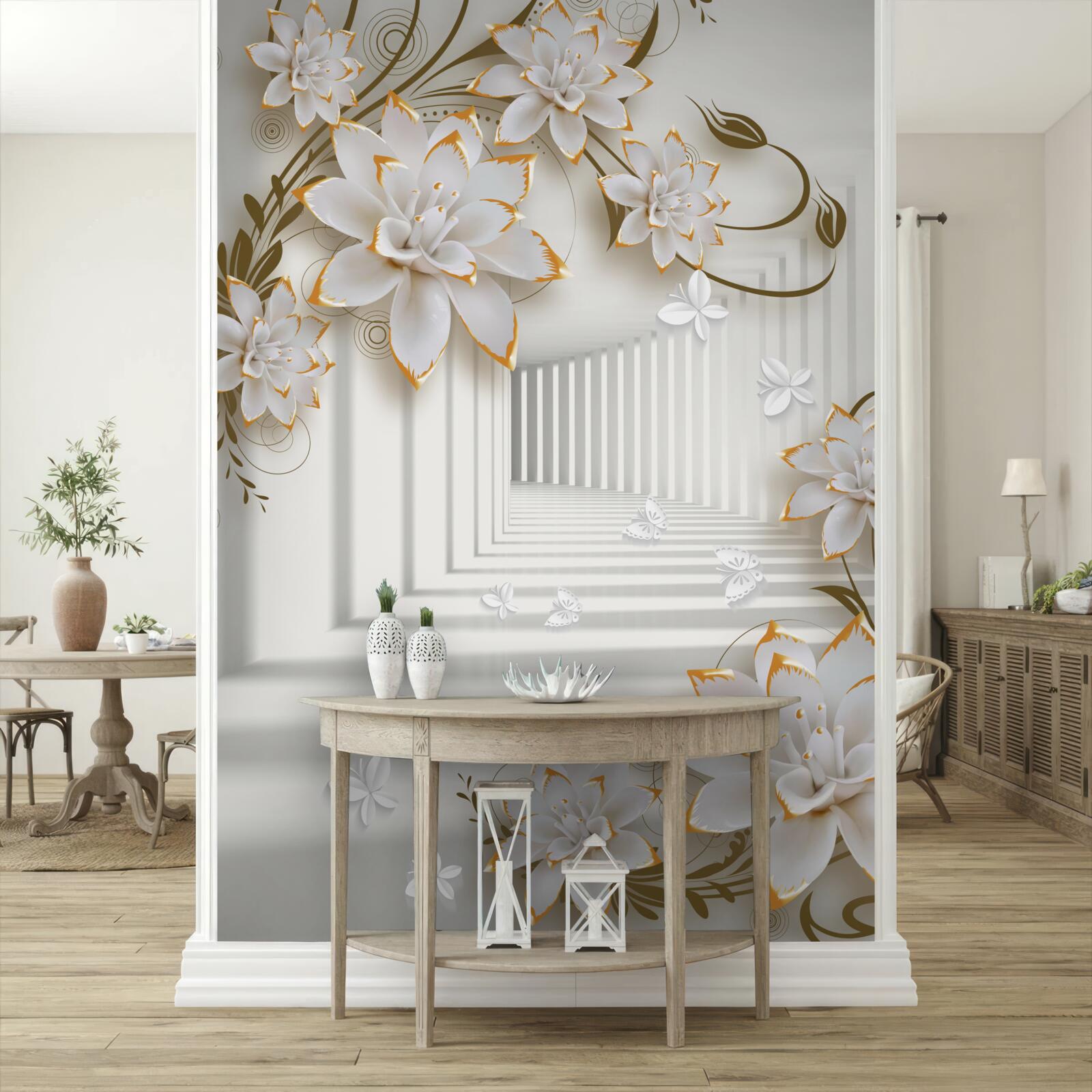 Papier peint un couloir envahi de fleurs de lotus s'étend au loin