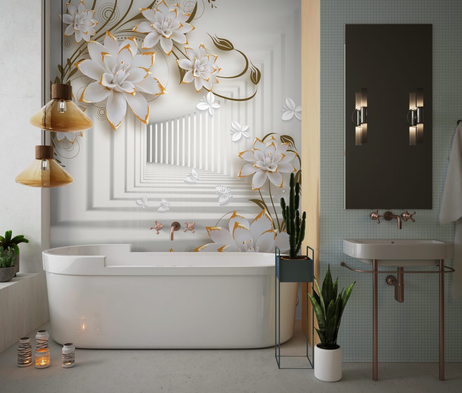 Papier peint un couloir envahi de fleurs de lotus s'étend au loin