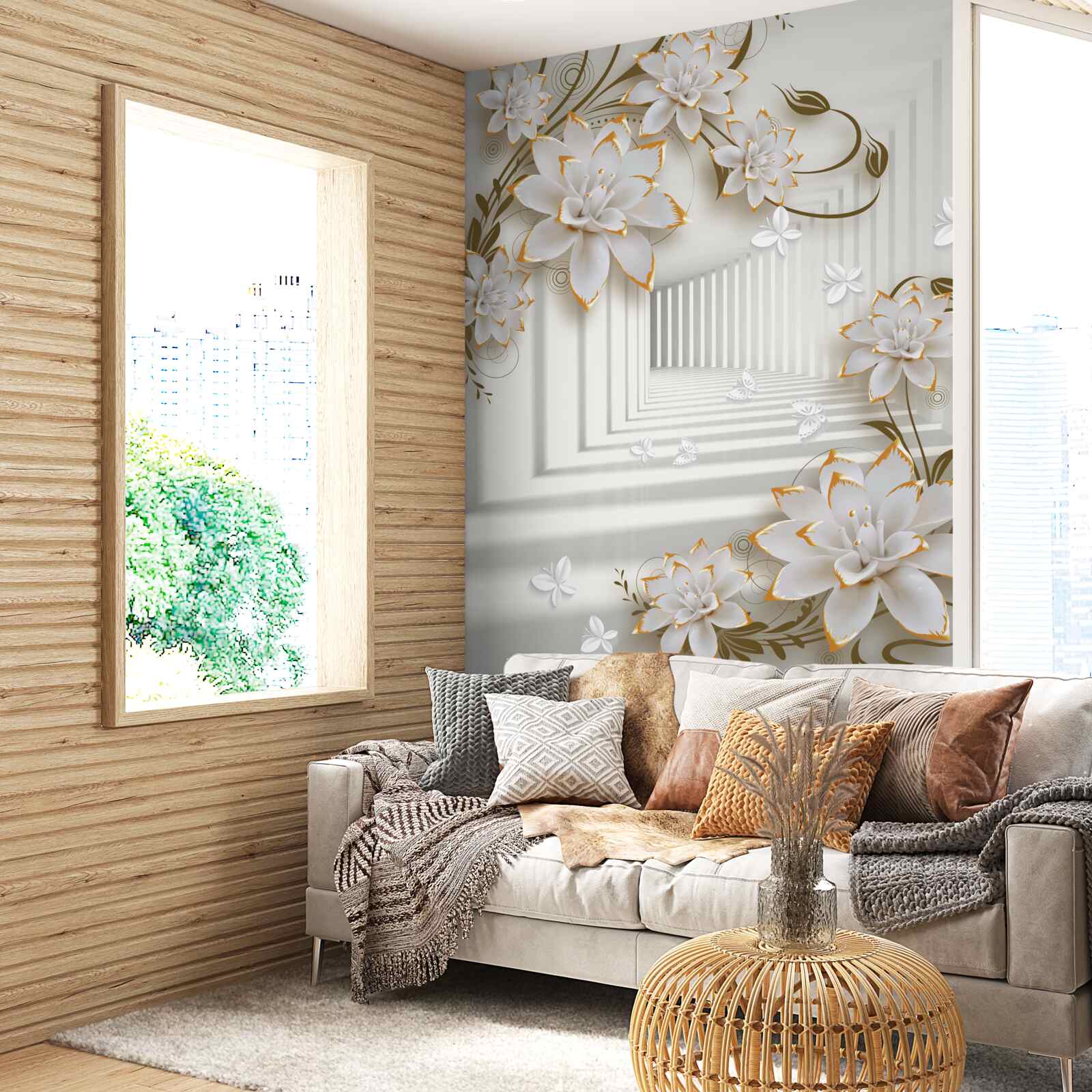 Papier peint un couloir envahi de fleurs de lotus s'étend au loin