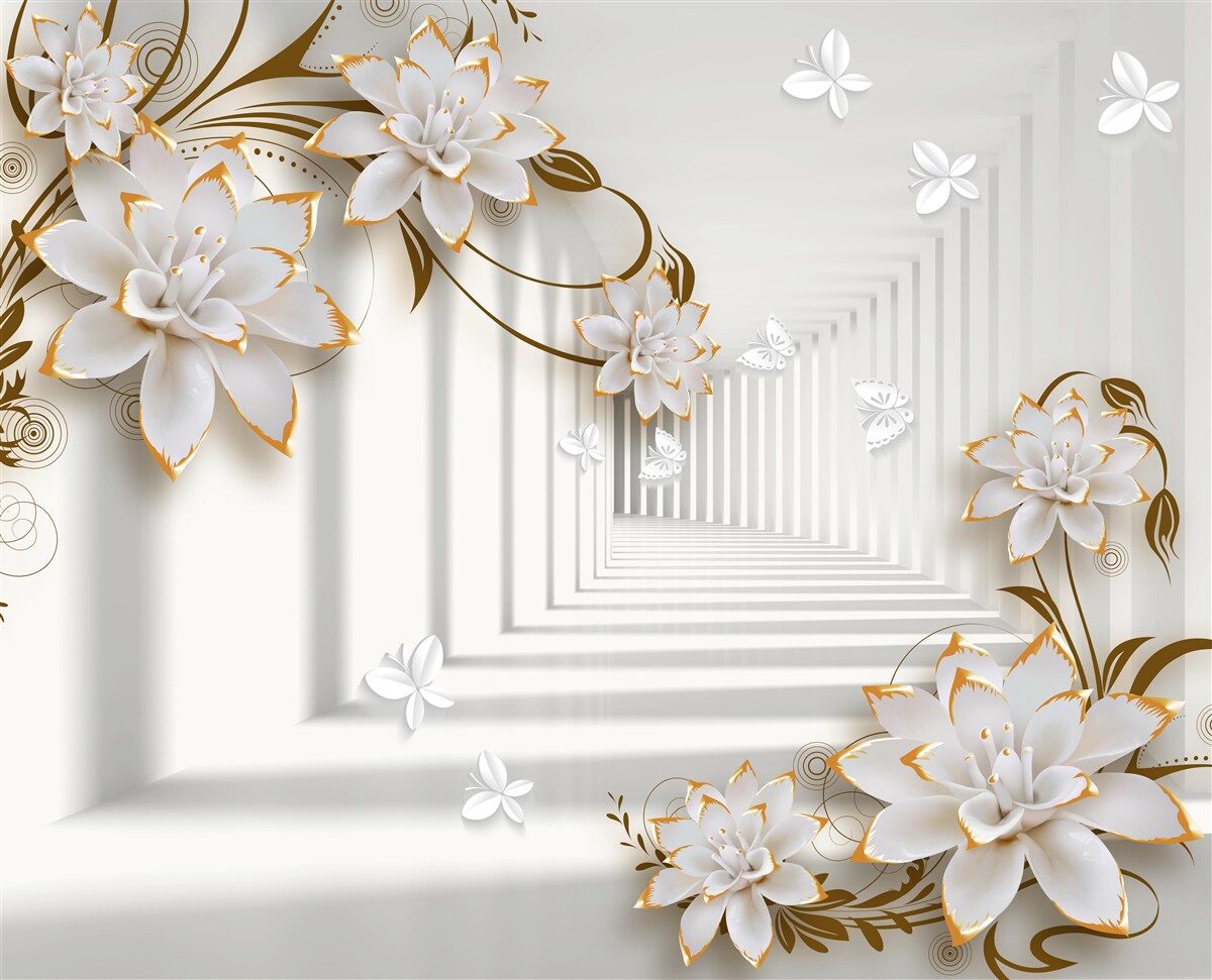 Papier peint sur le fond du couloir, un lotus blanc dans un cadre doré