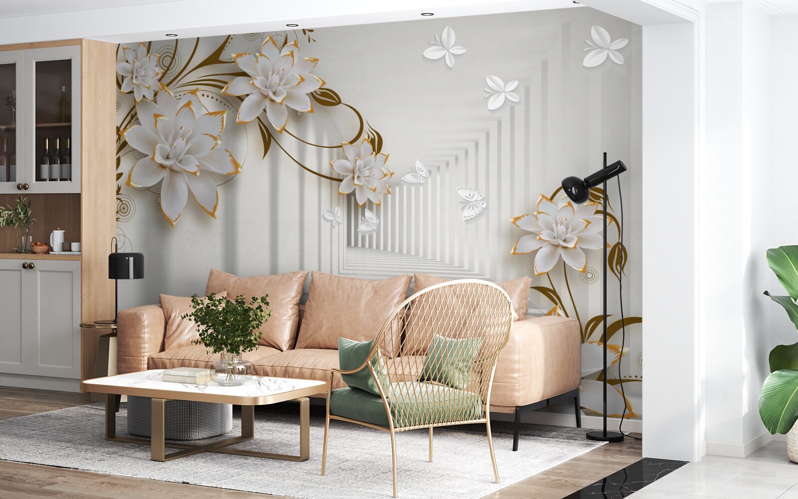 Papier peint sur le fond du couloir, un lotus blanc dans un cadre doré