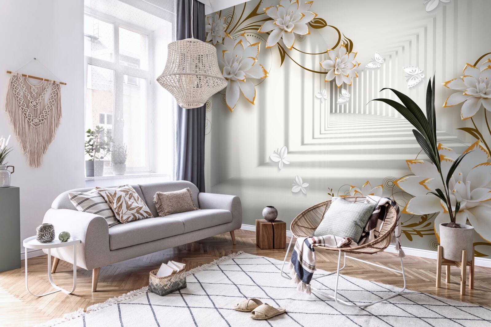 Papier peint sur le fond du couloir, un lotus blanc dans un cadre doré