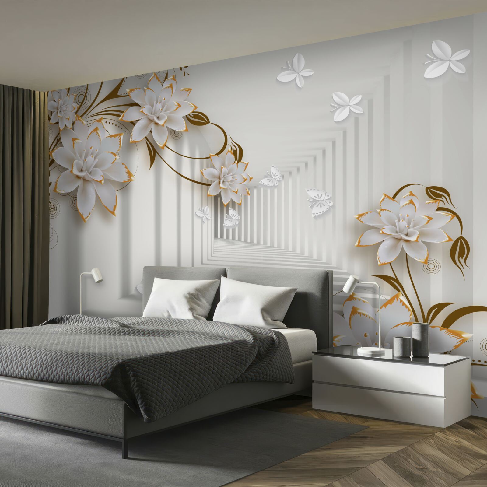 Papier peint sur le fond du couloir, un lotus blanc dans un cadre doré