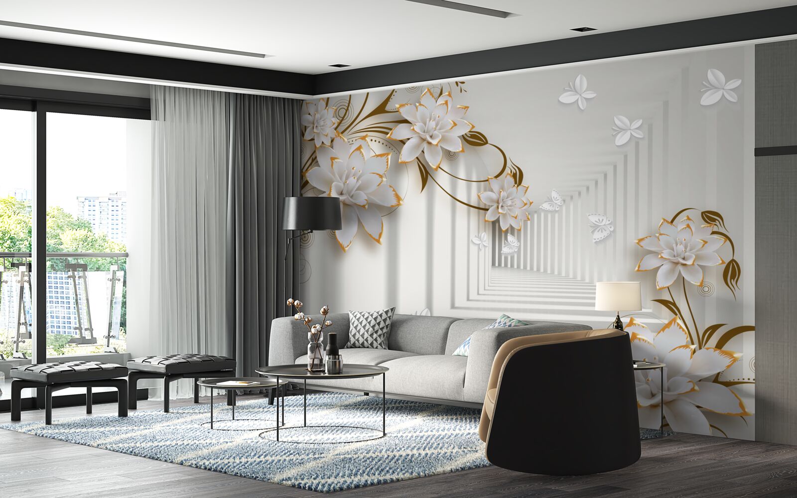 Papier peint sur le fond du couloir, un lotus blanc dans un cadre doré