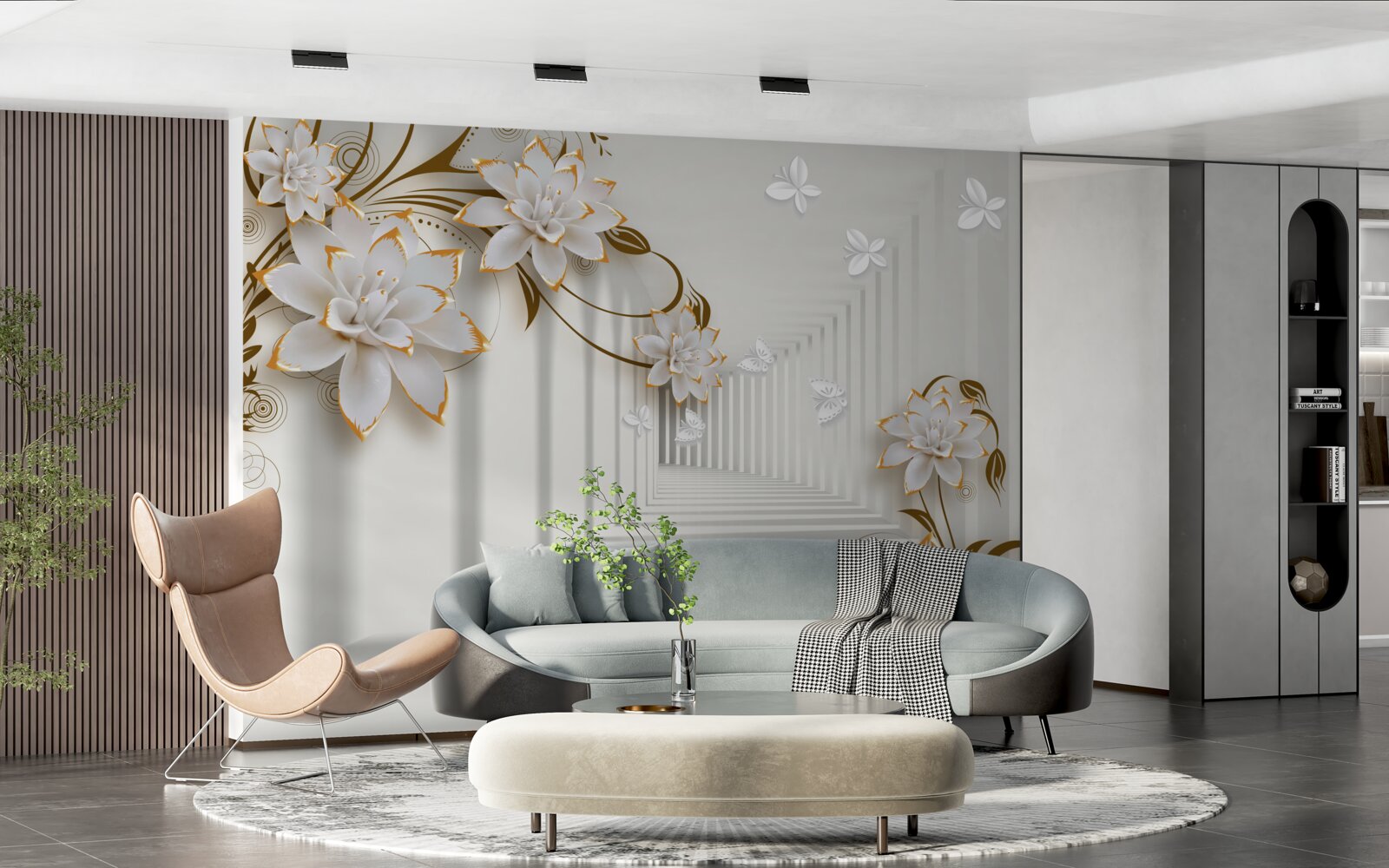 Papier peint sur le fond du couloir, un lotus blanc dans un cadre doré