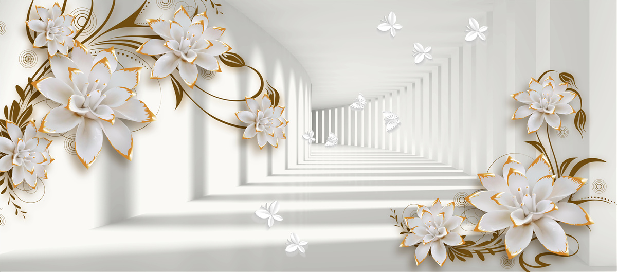 Papier peint lotus blancs sur fond abstrait, décorés en or