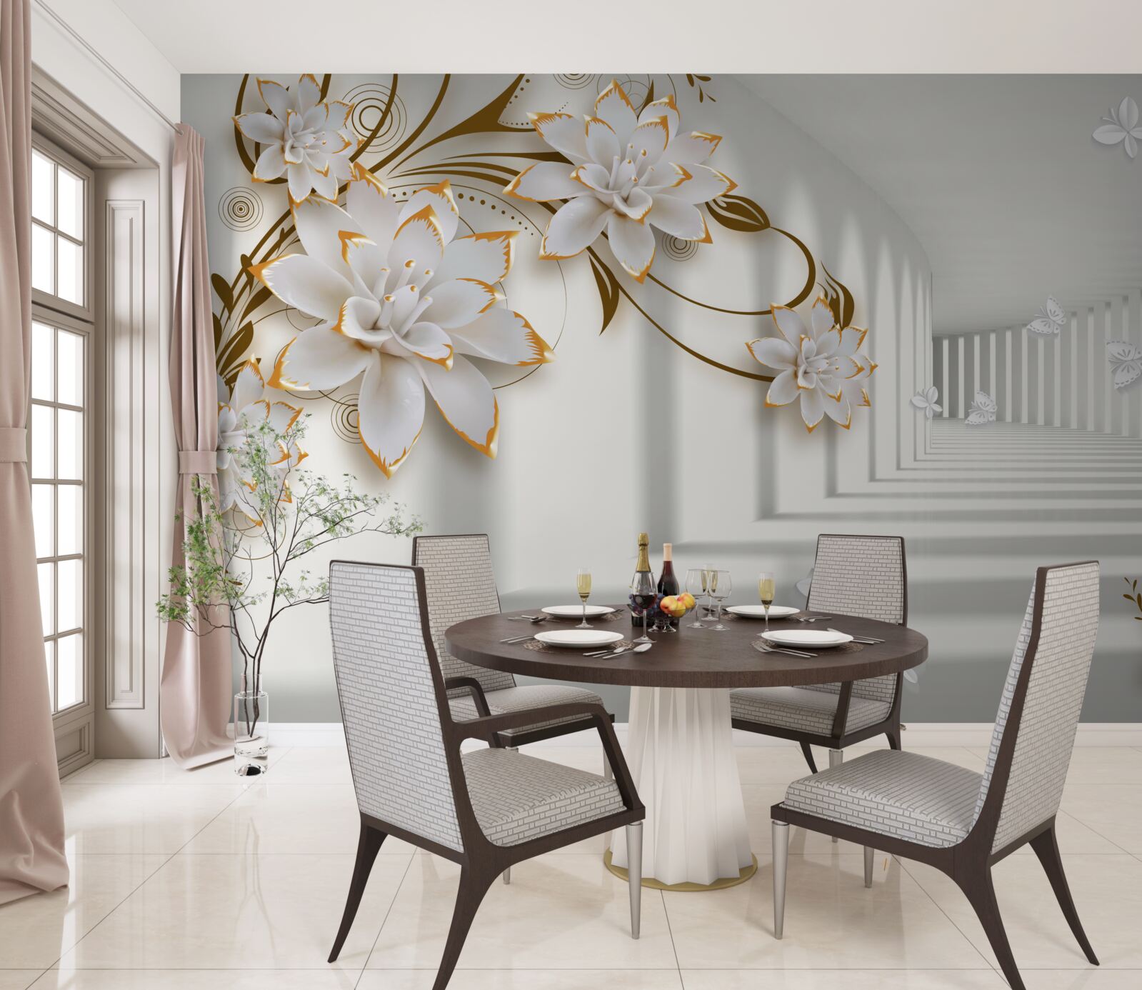 Papier peint lotus blancs sur fond abstrait, décorés en or