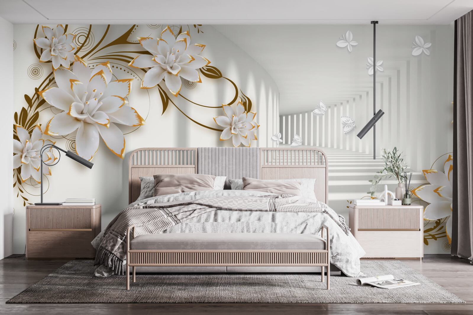 Papier peint lotus blancs sur fond abstrait, décorés en or